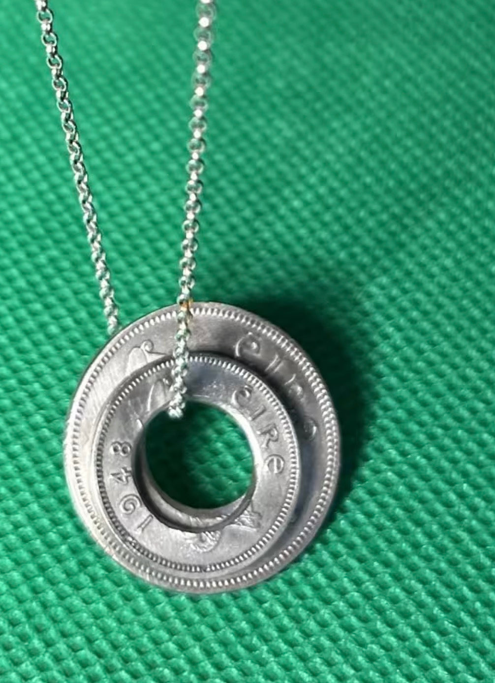 Handmade double coin pendant on an 18 inch necklace