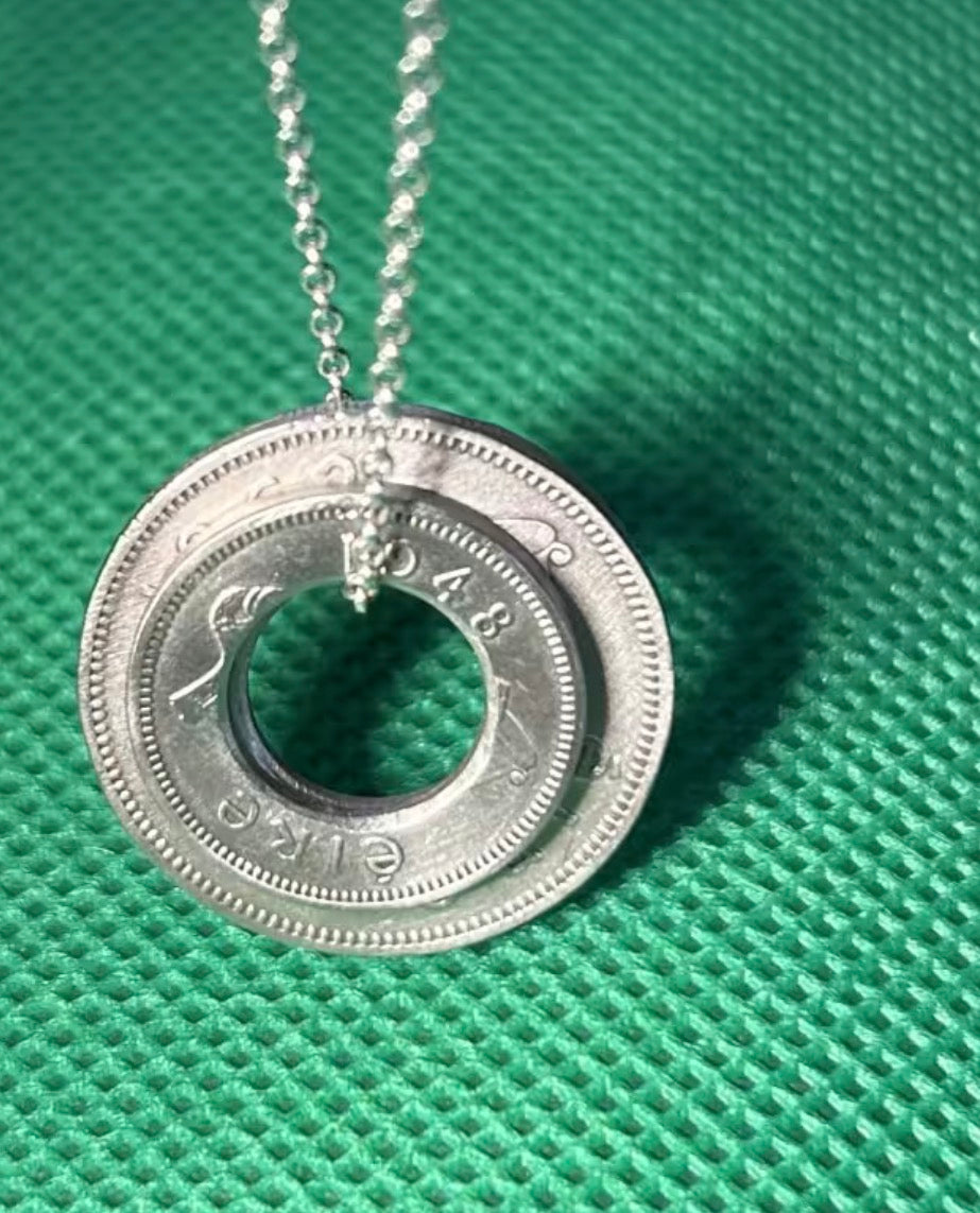 Handmade double coin pendant on an 18 inch necklace