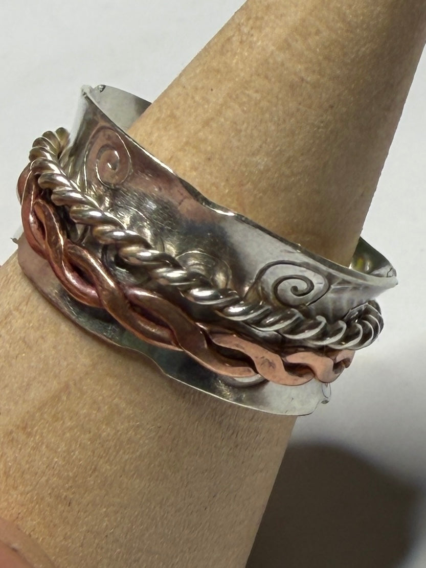 Handmade sterling silver fidget spinner anxiety ring with copper. Size M