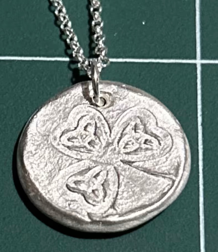 Handmade solid fine silver shamrock pendant with 18 inch necklace