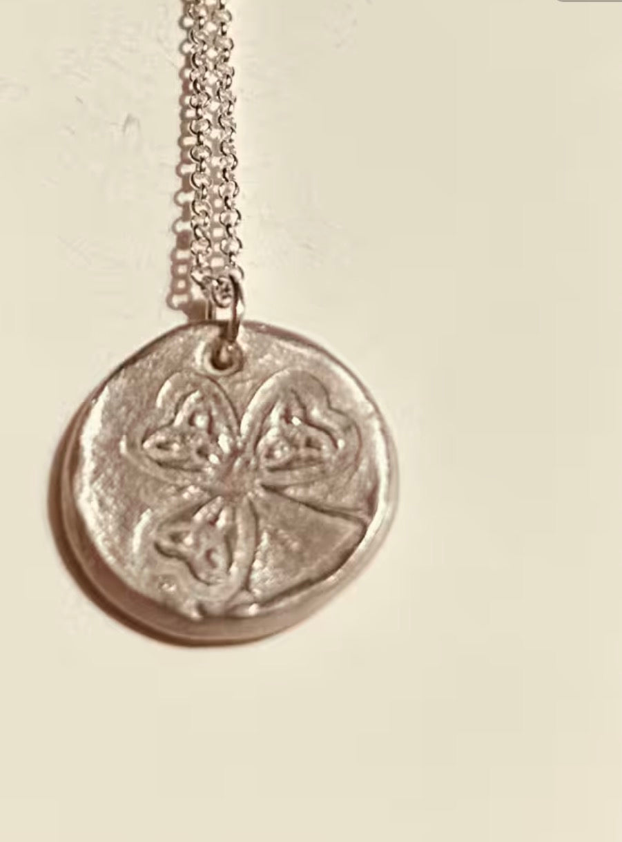 Handmade solid fine silver shamrock pendant with 18 inch necklace