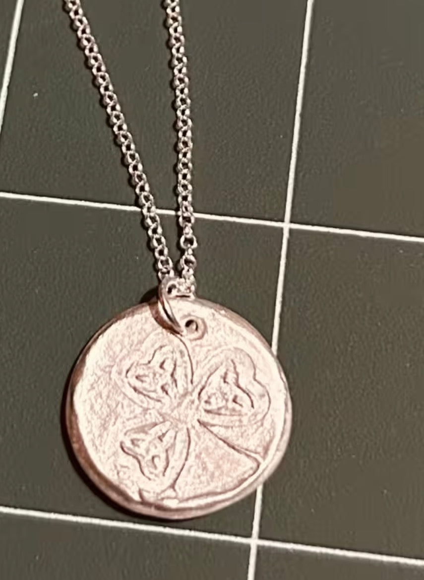 Handmade solid fine silver shamrock pendant with 18 inch necklace