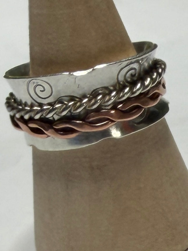 Handmade sterling silver fidget spinner anxiety ring with copper. Size M