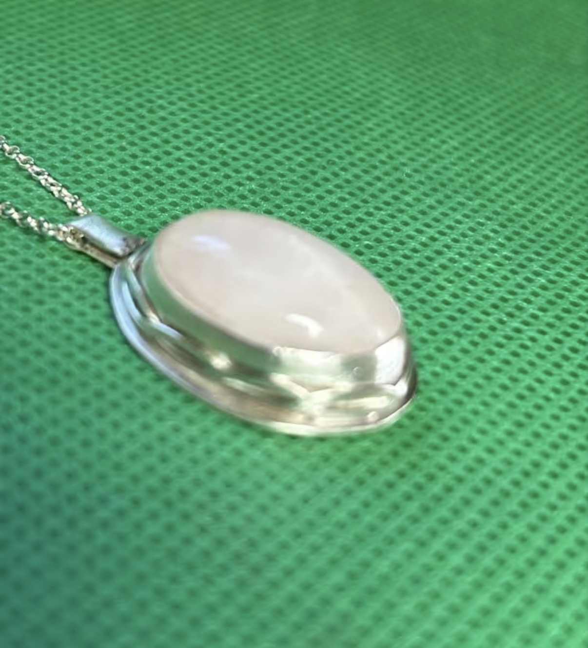 Handmade sterling silver and rose quartz stone pendant on an 18 inch necklace