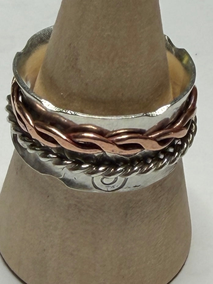 Handmade sterling silver fidget spinner anxiety ring with copper. Size M