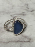 Handmade sterling silver double twist band with blue sea glass. Size S