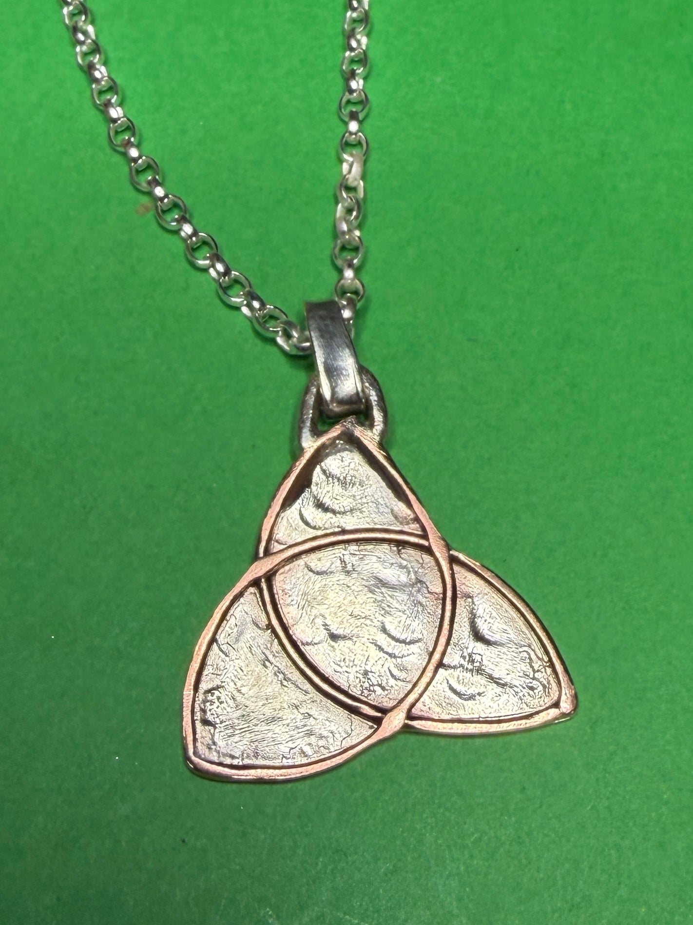 Handmade sterling silver and copper Celtic trinity pendant on 18 or 20 inch chain necklace