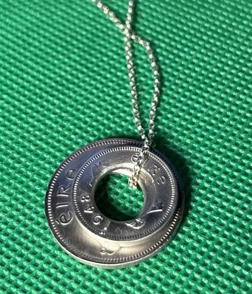 Handmade double coin pendant on an 18 inch necklace