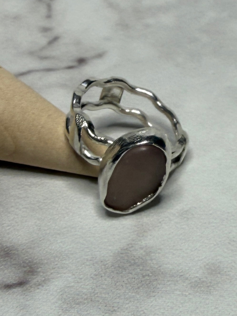 Handmade sterling silver wave ring with sea glass. Size L