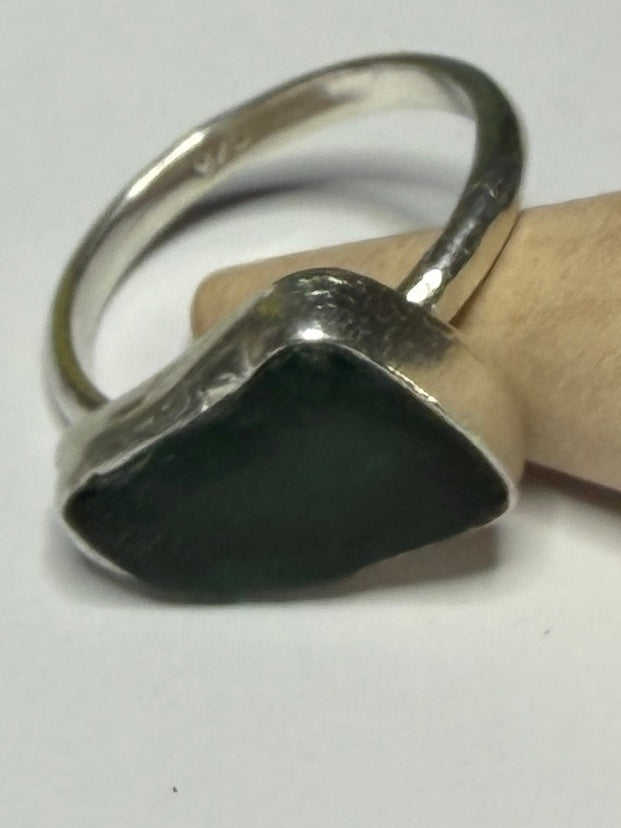Handmade sterling silver ring with dark green sea glass. Size m