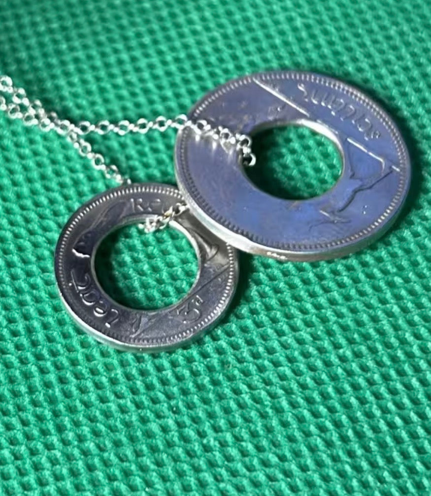 Handmade double coin pendant on an 18 inch necklace