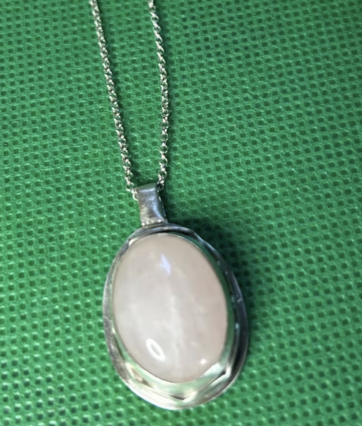 Handmade sterling silver and rose quartz stone pendant on an 18 inch necklace