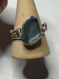 Handmade sterling silver wave ring with blue sea glass