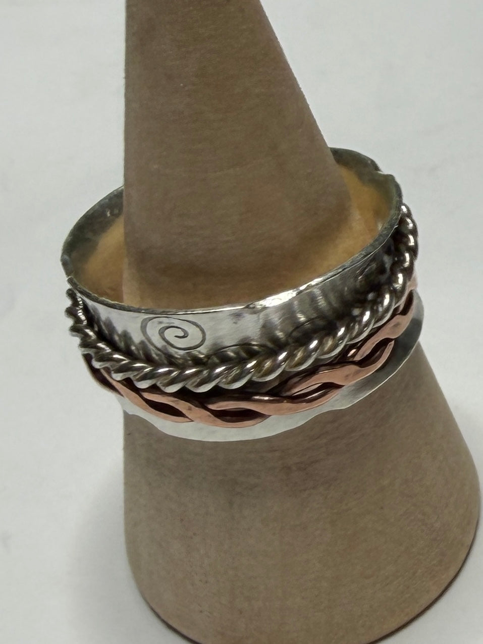 Handmade sterling silver fidget spinner anxiety ring with copper. Size M