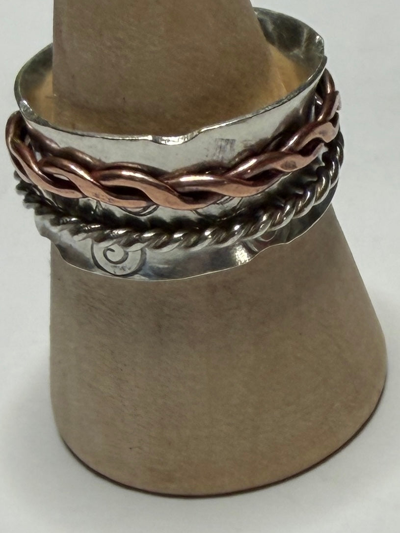 Handmade sterling silver fidget spinner anxiety ring with copper. Size M