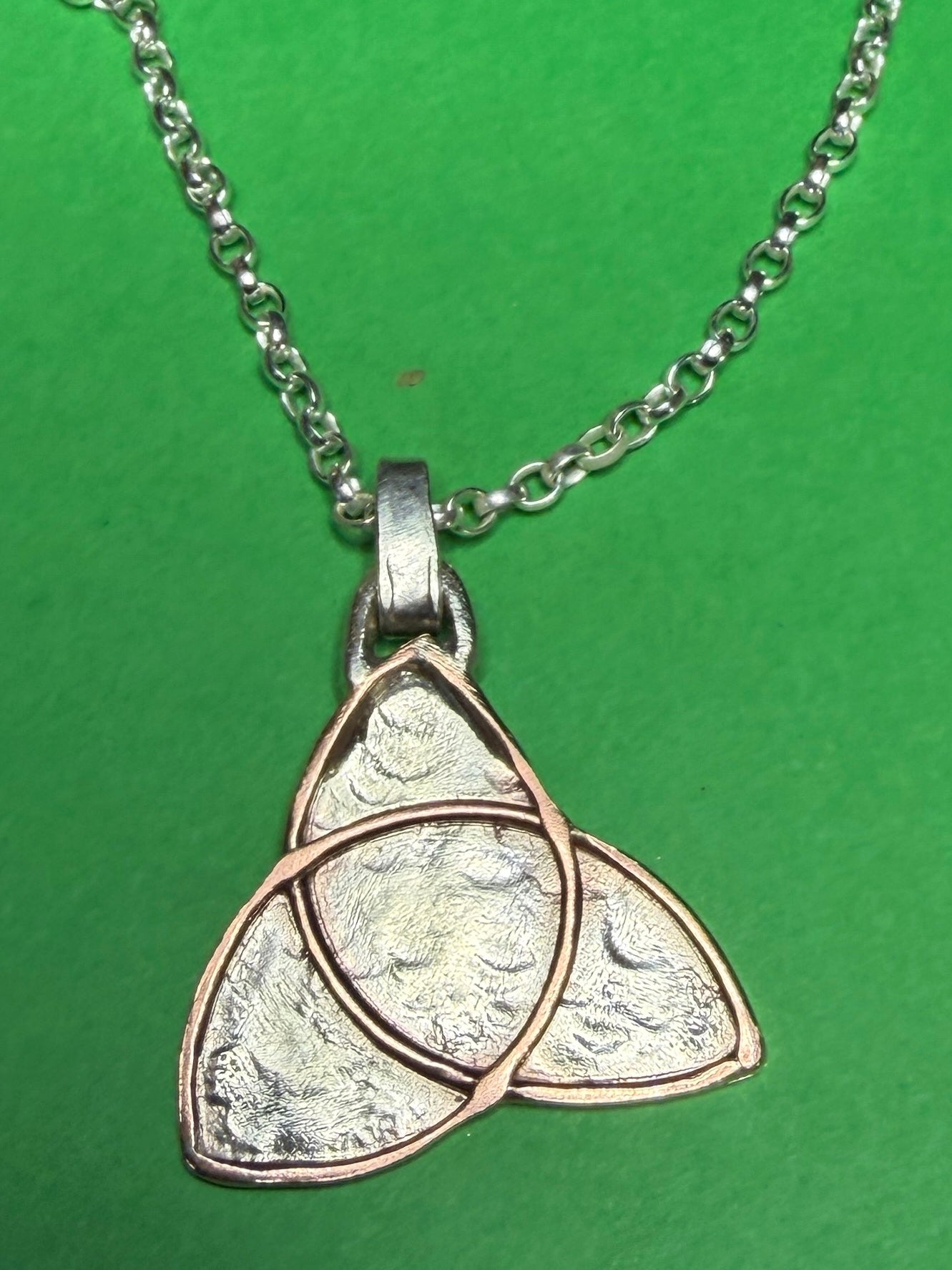 Handmade sterling silver and copper Celtic trinity pendant on 18 or 20 inch chain necklace