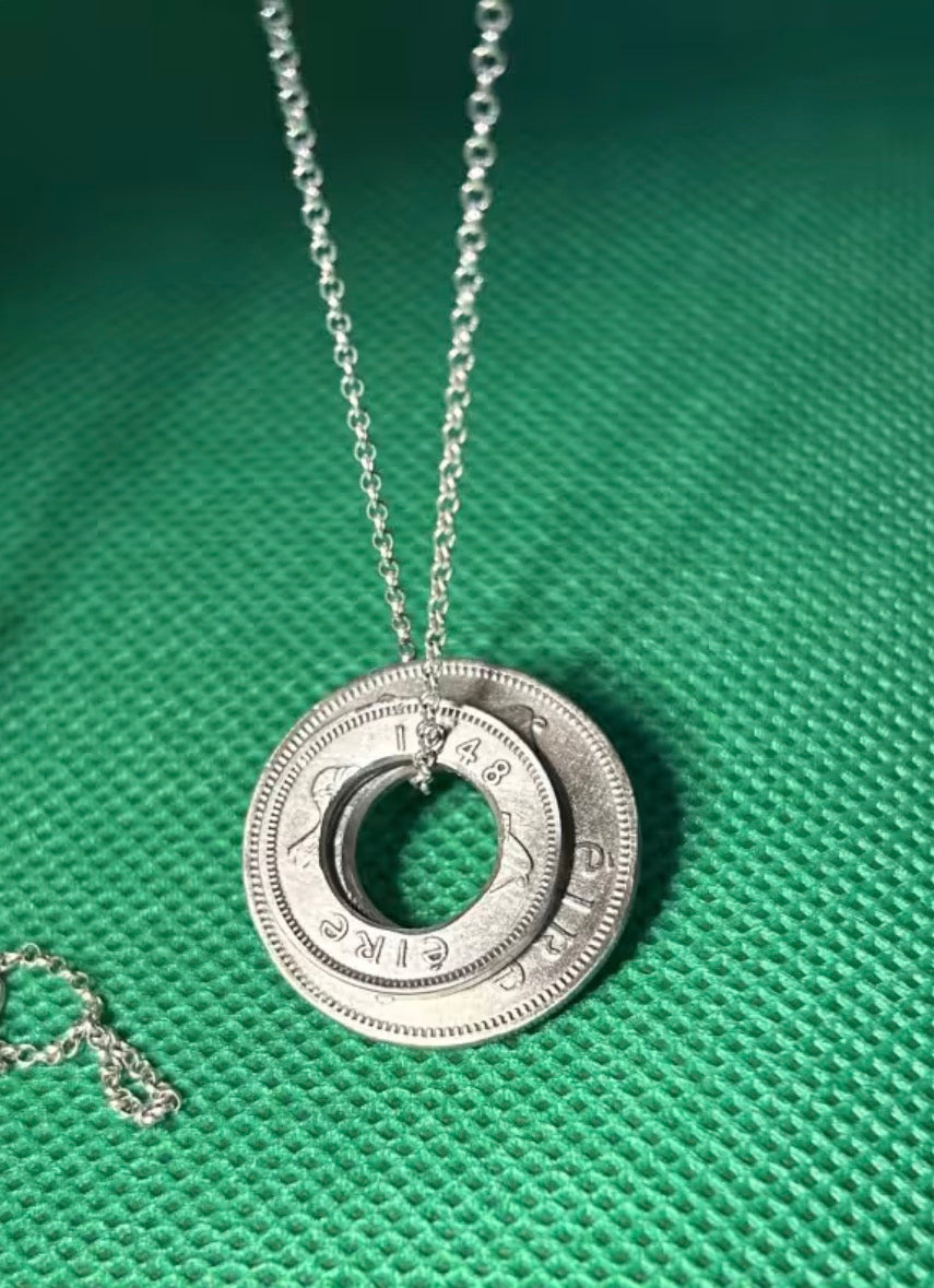 Handmade double coin pendant on an 18 inch necklace