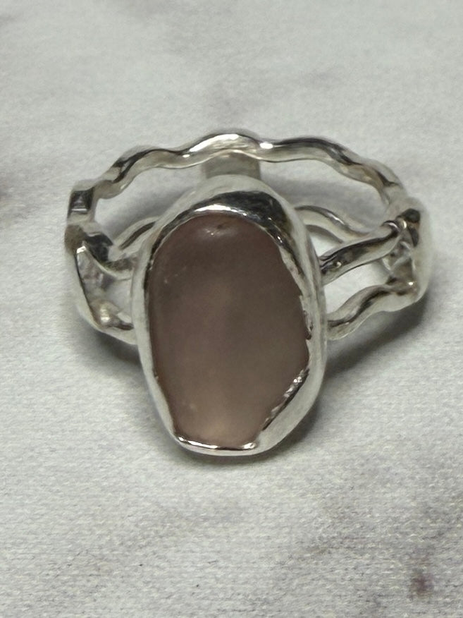Handmade sterling silver wave ring with sea glass. Size L
