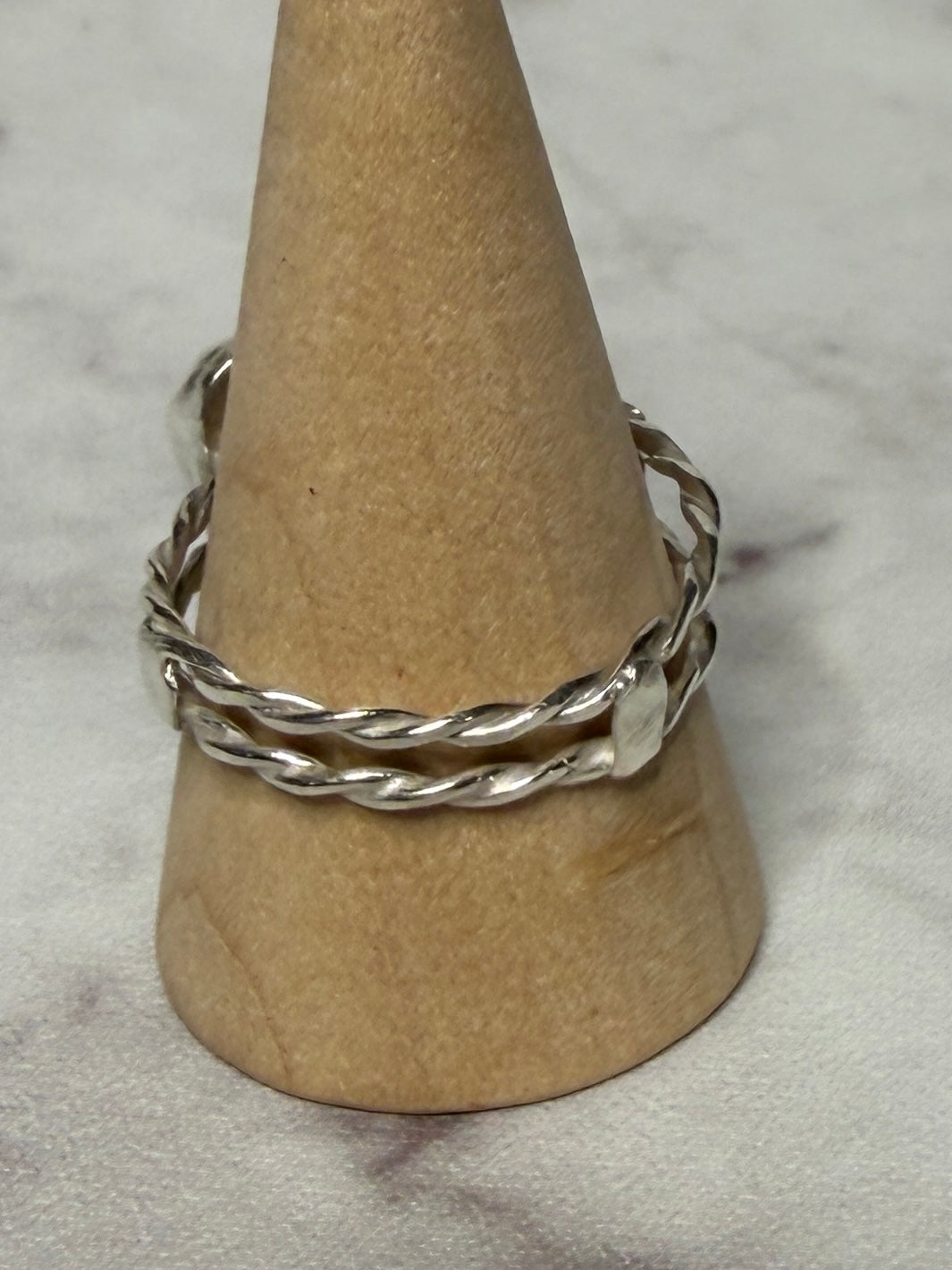 Handmade sterling silver double twist band with blue sea glass. Size S