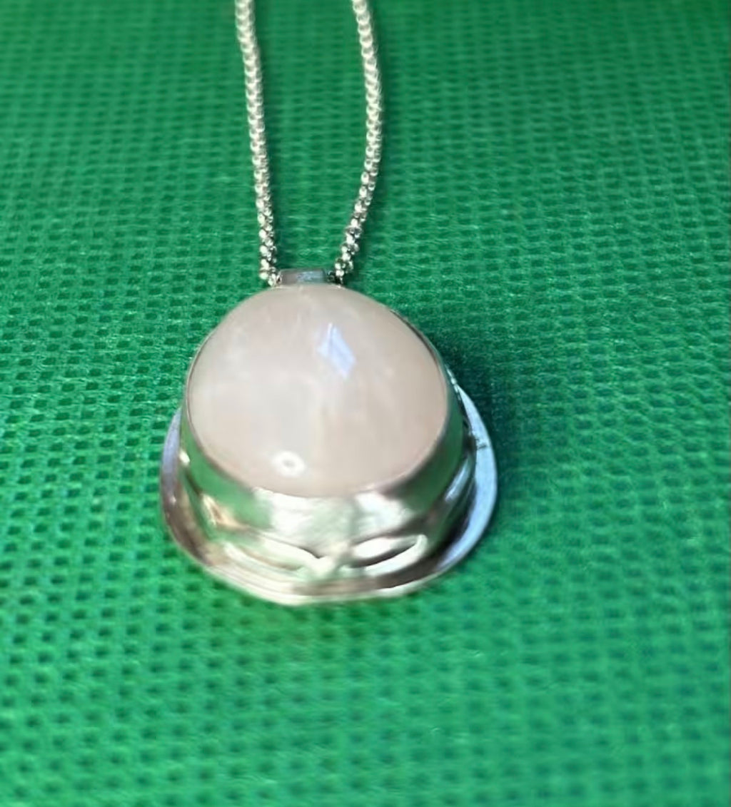 Handmade sterling silver and rose quartz stone pendant on an 18 inch necklace