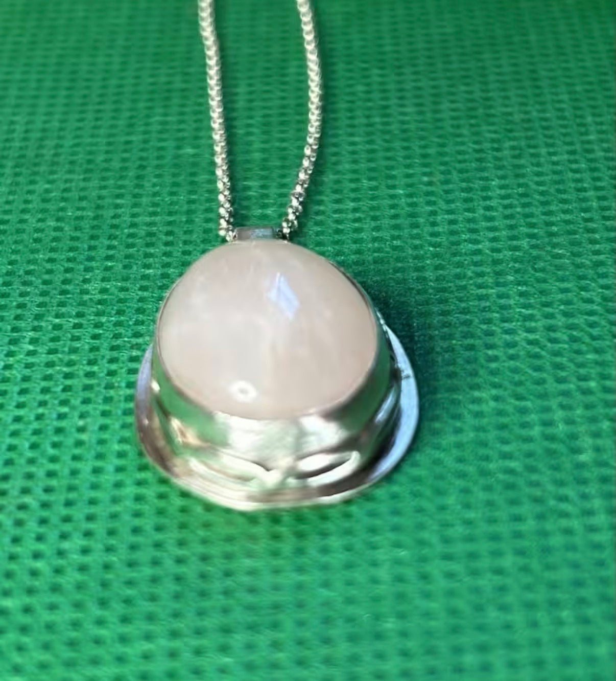Handmade sterling silver and rose quartz stone pendant on an 18 inch necklace