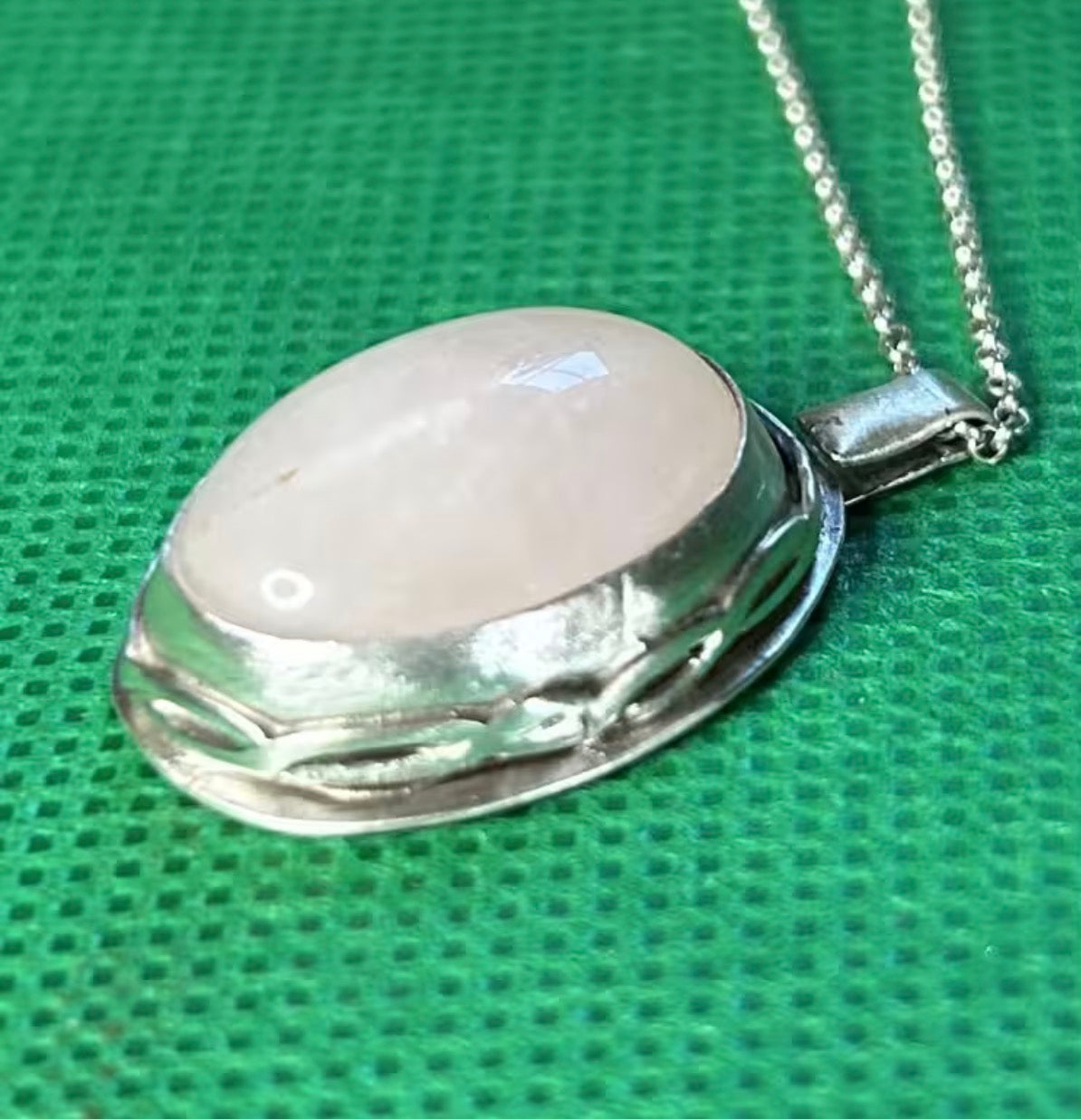 Handmade sterling silver and rose quartz stone pendant on an 18 inch necklace